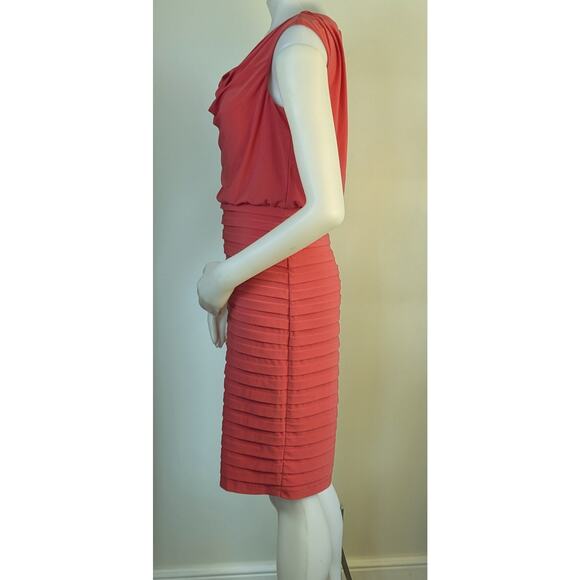 Adrianna Papell Sheath Dress 6 Coral Sleeveless Shutter Pleat Blouson Cowl Neck - Picture 4 of 9
